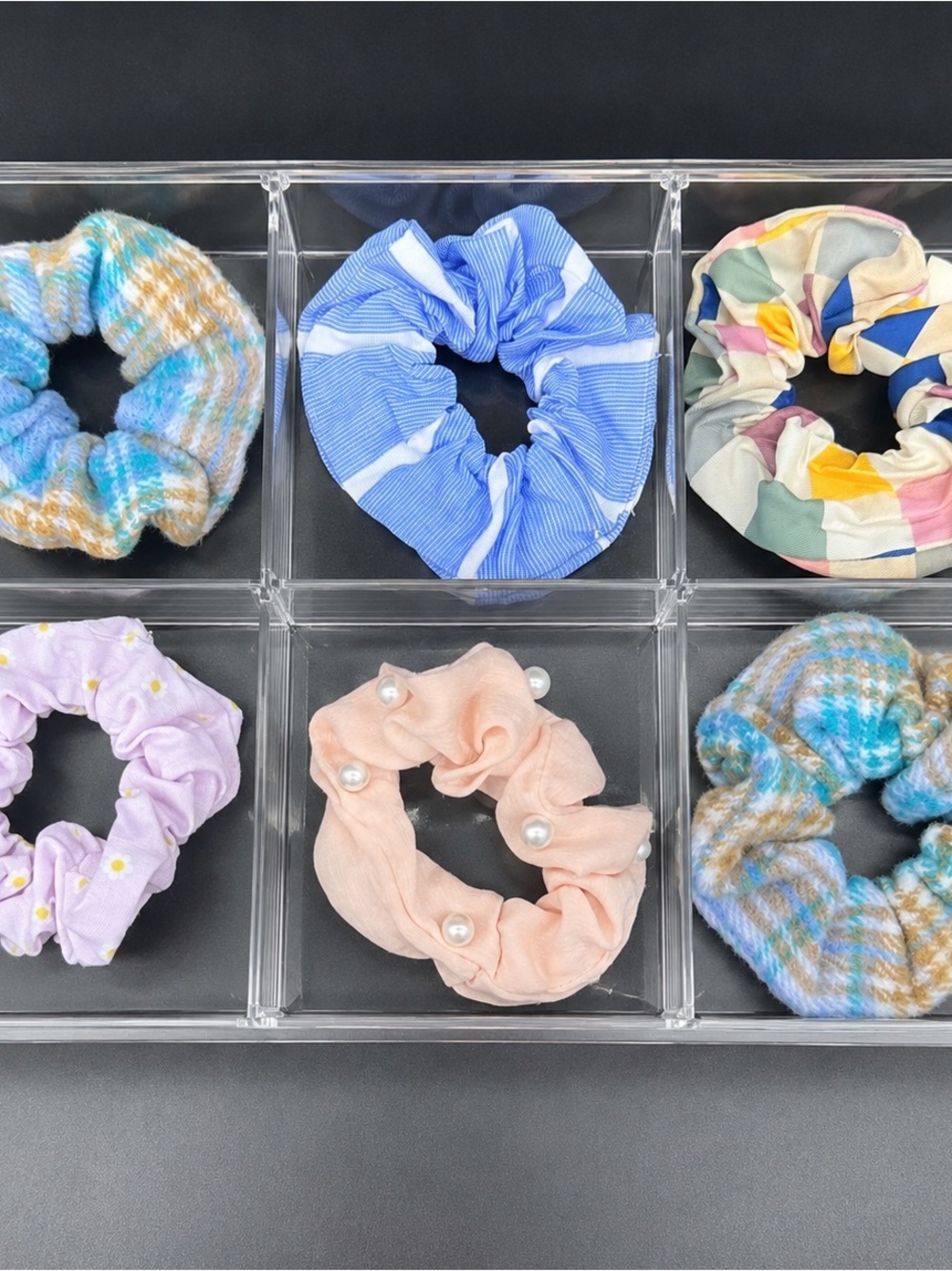 Lot of 6 Fashion Hair Scrunchies Mixed Patterns Plaid Floral Pearls Stripe